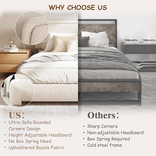 GLOLLOSPARK Queen Size Boucle Bed Frame, Upholstered Platform Bed with Height Adjustable Headboard & Soft Rounded Corners, Noise Free, Easy Assembly, No Box Spring Needed, Beige thumbnail 5