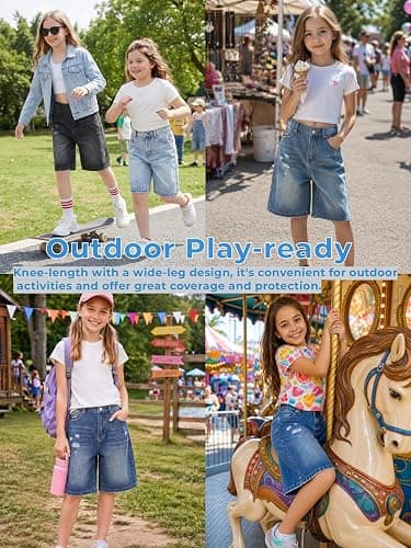 Handfrog Girls Shorts Elastic Waist Jorts Denim Jean Shorts Ripped Knee Length Bermuda Shorts for Kids Teen Girls Summer thumbnail 7