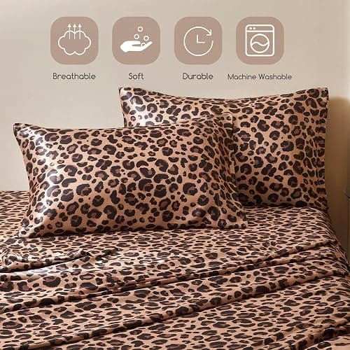 MR&HM Satin Sheets Full Size with Elastic Corner Straps, Brown Leopard | Similar to Silk, 4-Piece Silky Soft Bed Sheet Set, Gentle on Skin and Hair, 15" Deep Pocket, Cooling & Breathable thumbnail 6