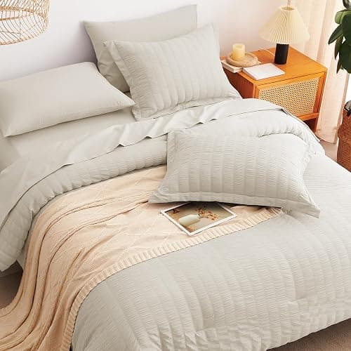 CozyLux Queen Comforter Set Oatmeal Seersucker 7 Pieces Bed in a Bag Queen Comforter Set with Sheets Luxury Soft Bedding Set with Down Alternative Comforter, Sheets, Pillowcases & Shams for All Season thumbnail 6