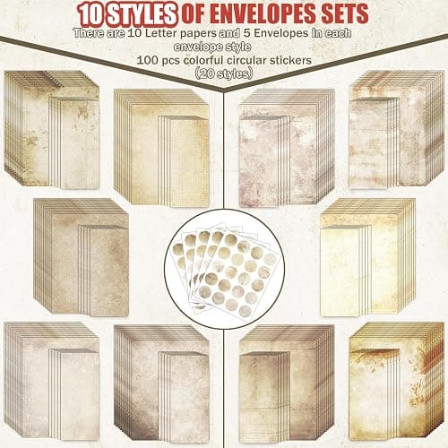 EggSun 250Pcs Vintage Kraft Stationery Paper and Envelope Set with 100 Letterhead Papers and 50 Envelopes, 10 Design for Letter Writing Invitations Computer Holidays Party Notes, 8.5x11 Inch-Retro thumbnail 5