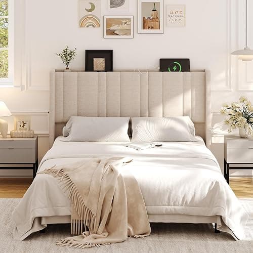 Queen Size Headboard with LED Light & Charging Station, Off White Linen | Wingback Upholstered Headboard Queen, Vertical Channel Stitched Head Board, High-Density Sponge Padding, 2 Storage Pockets thumbnail 7