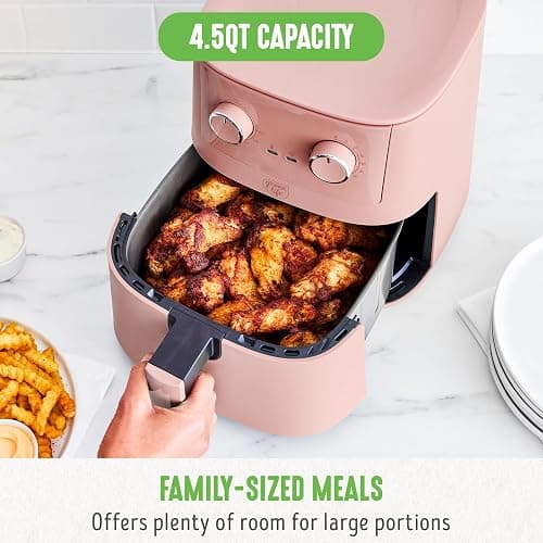GreenLife 4.5QT Air Fryer, Mechanical Dial Controls, PFAS-Free Ceramic Nonstick Drawer, Adjustable Temp & Timer, LED Indicator, Oil-Less Cooking, Dishwasher Safe, Compact Family Size, Pink thumbnail 4