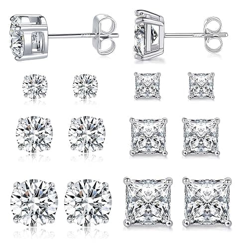 MDFUN 6 Pairs Stud Earrings Set 3mm/5mm/7mm Princess & Round Cubic Zirconia Earrings Hypoallergenic 316L Surgical Stainless Steel CZ Earrings for Women Men - Image 1