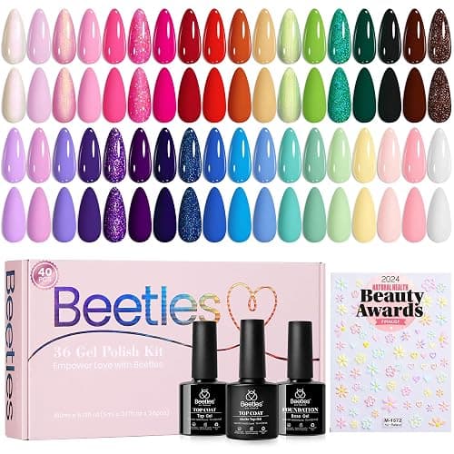 beetles Spring Gel Nail Polish Set - 36 Colors Verse of Flower Gel Nail Kit Pink White Black Red Purple Blue Yellow Gel Colors & 3Pcs Base Top Coat Soak off UV Home Salon Summer Gift for Women - Image 1