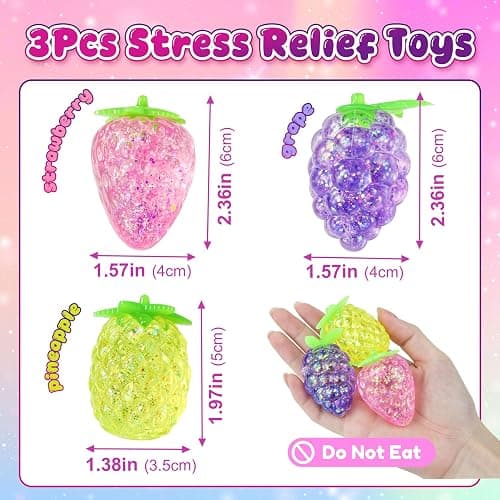 3pc Fruit Squishy Stress Balls,Glitter Squishies ,Sugar Filled Squishy ,Pineapple,Strawberry,Grapes Cute Sensory Fruit Squishies Toys for Birthday Gifts,Ideal for Relax, Focus,Party Favors thumbnail 3