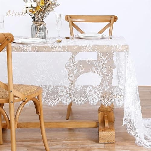 B-COOL White Lace Tablecloth 5 Pack 60 x 120 Inch Wedding Table Cloth Rustic Table Overlay Sheer Table Cloths for Vintage Party Thanksgiving Floral Fall Table Decoration thumbnail 8
