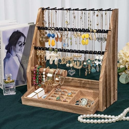 DGWJSU Jewelry Organizer Stand, 5 Layer Earring Holder Organizer with Necklace Holder, Rustic Wood Earring Organizer Display for Stud Earring Bracelet Necklace Ring, Watches thumbnail 7