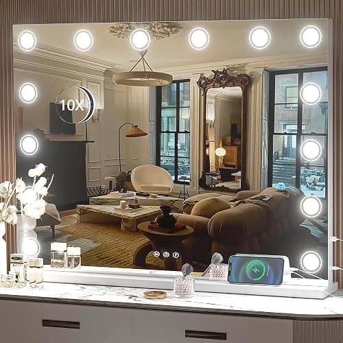 Hasipu Vanity Mirror with Lights, 32" x 24" Makeup Mirror, Light up Mirror with 14 Dimmable LED Lights and 10X Magnification, 3 Colors Modes, Touch Control, USB Charging Port, White - Image 1