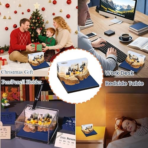 Time Piece Calendar 2026, 3d Desk Calendar 2026, Magic Castle with Weekly & LED Lights, 3D Calendar Paper Carving Art Memo Pad Notepad, Gift for Christmas Housewarming Desktop Decoration thumbnail 5