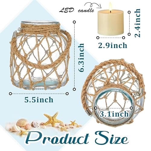 Blushtier 2 Set Nautical Candle Lantern with Rope Handle Coastal Glass Jar Battery Operated LED Flameless Lantern for Room Party Sea Beach House Table Centerpieces Decoration 5.5" x 5.5" x 6.3" thumbnail 3