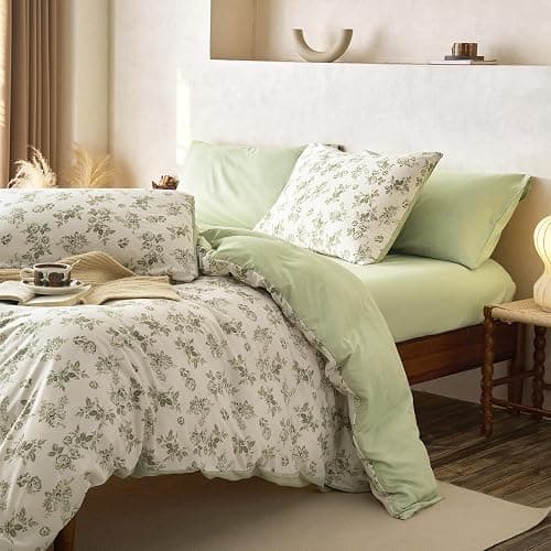 Wake In Cloud - Cottagecore Comforter Set, Floral Vintage Flower Shabby Chic Coquette Aesthetic for Women Teen Girls, Soft Lightweight Dorm Bedding, 3 Pieces, Sage Green, Full Size thumbnail 4