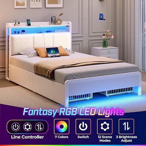 Rolanstar Bed Frame Twin Size with Charging Station and LED Lights, Upholstered Storage Headboard with Drawers, Heavy Duty Metal Slats, No Box Spring Needed, Noise Free, Easy Assembly, White thumbnail 4
