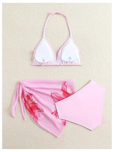 SHENHE Girl's 3 Piece Swimsuits Cute Halter Triangle Bikini Bathing Suit with Beach Cover Up thumbnail 3