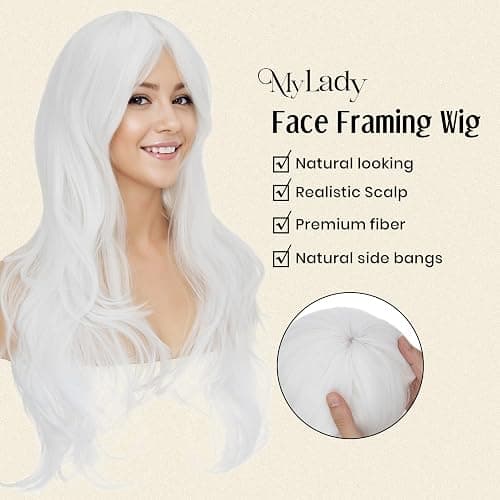 MY-LADY White Wig with Side Side Bangs Long Wavy Cosplay Wig for Women Natural Hair 24 Inch Synthetic Hair for Girls Daily Party Halloween thumbnail 2