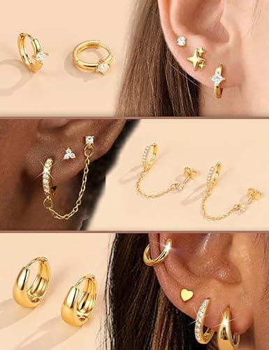 Florideco Flat Back Earrings Hypoallergenic Surgical Steel Earrings for Women Trendy Cartilage Chain Hoop Earring Studs 14K Gold Plated Star Heart CZ Flatback Stud Earring Sets for Multiple Piercing thumbnail 2