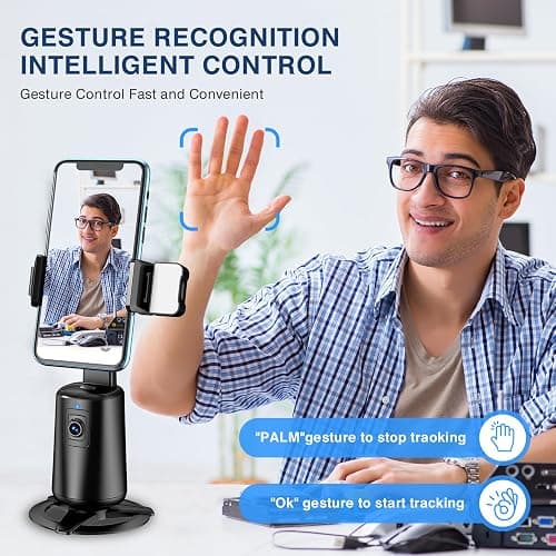 Auto Face Tracking Tripod 360° Rotating Cell Phone Photo and Video Kits Stand, No App, Camera Stand with Remote and Gesture Control, Rechargeable Smart Shooting Stand for Live Recording Tiktok（Black） thumbnail 3