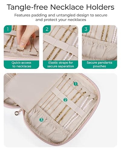 BAGSMART Travel Jewelry Case Jewelry Organizers and Storage Earings Holder Organizer for Women Necklace Holder Jewelry Rolls for Necklaces, Earrings, Bracelets-Pink thumbnail 4