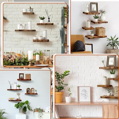 Pinkunn 4 Pcs Floating Shelves for Wall Rustic Wall-Mounted Natural Wooden Shelves Solid Wood with Live Edge Design Bathroom Bedroom Kitchen Storage Living Room Decor Nursery Shelf(4 Pcs,Small) thumbnail 6