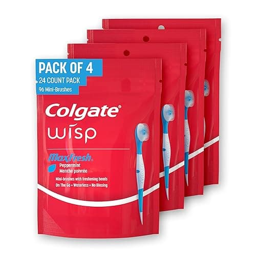Colgate Wisp Disposable Toothbrushes for Travel, Pack of 4, 96 Total Count | No Water Needed, Mini Travel Toothbrushes, No Rinsing, Soft Pick for Hard-to-Reach Areas, MaxFresh Peppermint Flavor - Image 1