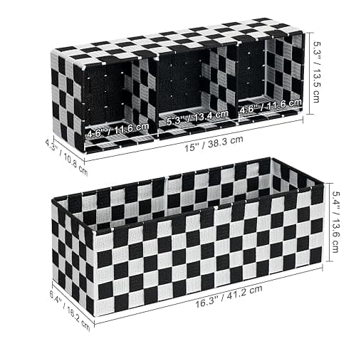 BinWhiz 2-Pack Checker Pattern Woven Bins, 16” Ribbon Metal Wire Desk Organizer, Drawer Dresser Baskets, Countertop Toilet Paper Storage Containers (Black & White) thumbnail 3