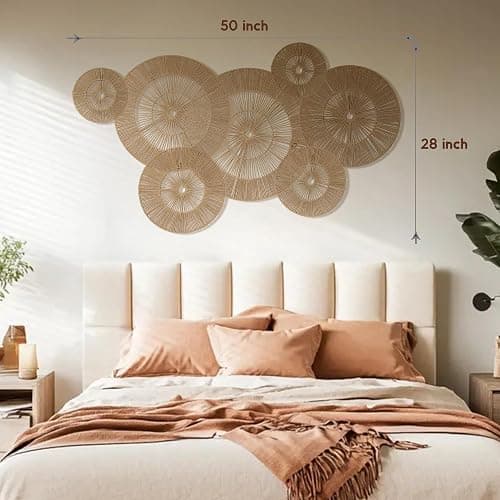 Mokof 7 Pack Boho Wall Decor Round Baskets Set (Small 7" to Largest 17") - Handwoven Large Wall Hanging Art for Bedroom, Living Room, Home Office thumbnail 3