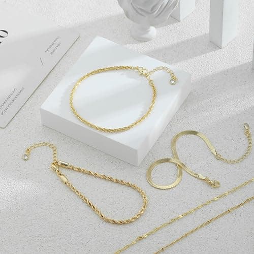 JECOMY Gold Bracelets for Women, 14K Gold Plated Waterproof Bracelets for Women, Dainty Stackable Adjustable Chain Jewelry Set - Trendy Layered Bracelet Stack Gift, Everyday Wear thumbnail 7