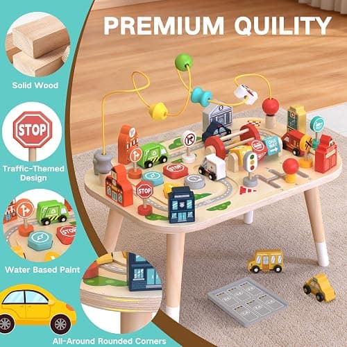 Wooden Montessori Activity Table for Toddlers, Baby Busy Table with Bead Maze, Shape Sorter, Cars & Road Signs, Traffic Learning Activity Center Sensory Toys for Birthday Gift Boys Girls 1+ Year Old thumbnail 6