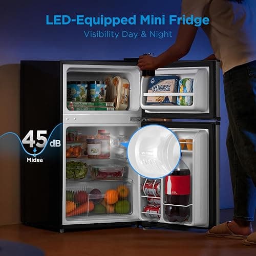 Midea WHD-113FSS1 Double Door Mini Fridge with Freezer for Bedroom Office with Adjustable Legs Removable Glass Shelves Compact Refrigerator, 3.1 cu ft, Stainless Steel thumbnail 4
