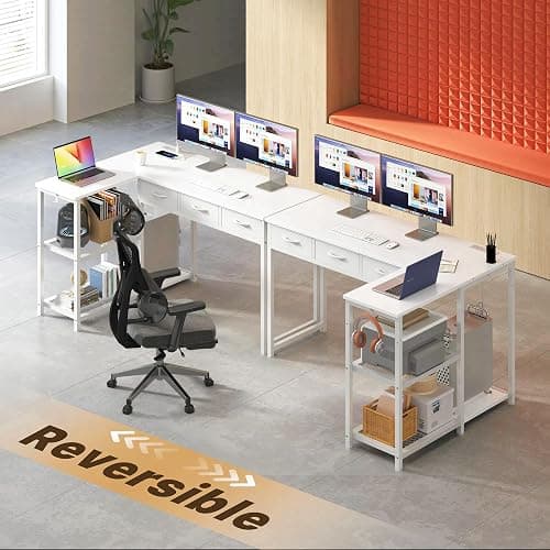 Gizoon 53 Inch White L Shaped Gaming Desk with CPU Stand & Power Outlet - Reversible Corner Desk with Drawers, Storage Shelves and 2 Hooks for Gaming Setup, Home Office, Living Room thumbnail 2