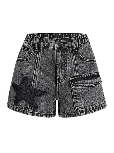 WDIRARA Girl's Button Jean Shorts Star Patched Denim Shorts with Pockets | High Elastic Waist, Emo Bottom, Gothic, Cute, for Teen Tween Kids - Image 1
