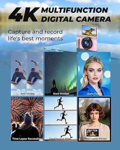 4K Digital Camera,64MP Cameras for Photography with 16X Digital Zoom, AutoFocus Vlogging Camera for YouTube, 3" 180°Flip Screen Compact Travel Camera, Anti-Shake 4K Video Cameras with 64GB Card, Pink thumbnail 4