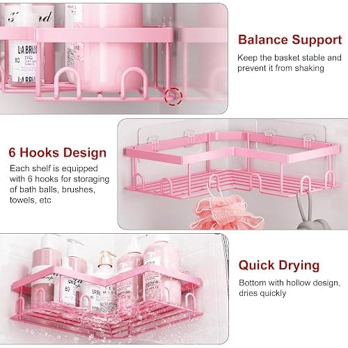 Liuoud Corner Shower Caddy 5 Pack, Rustproof Stainless Steel Shower Organizer with Soap Rack Toothbrush Holder, Large Capacity Adhesive No Drilling Bathroom Kitchen&Home Decor Set, Pink thumbnail 7