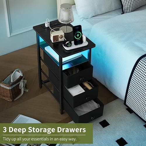 Yoobure End Table with Charging Station, LED Narrow Side Table Bedside Table, Small Night Stand End Tables Living Room, Skinny Nightstand with 3 Fabric Drawers, Side Tables Bedroom for Small Spaces thumbnail 6