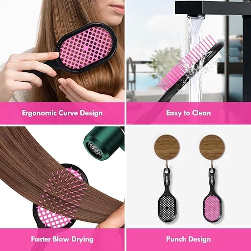 Aussumy Vented Detangling Hair Brush - 2 Pack Detangler Hairbrush for Effortless Tangle Removal - Ultra-Soft Bristles -For Natural Curly Straight Wet Dry Damaged Hair for Women Men Kids - Black & Pink thumbnail 5