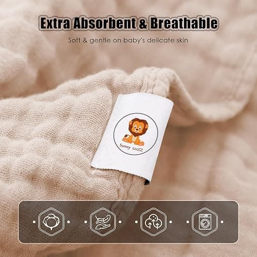 Sunny zzzZZ Muslin Hooded Baby Bath Towels - 3 Pack 100% Cotton Soft Low-Saturation Pastel Towels Including Classic White for Newborns, Infants, Toddlers - 32x32 Inch - Ivory, Brown and White thumbnail 6