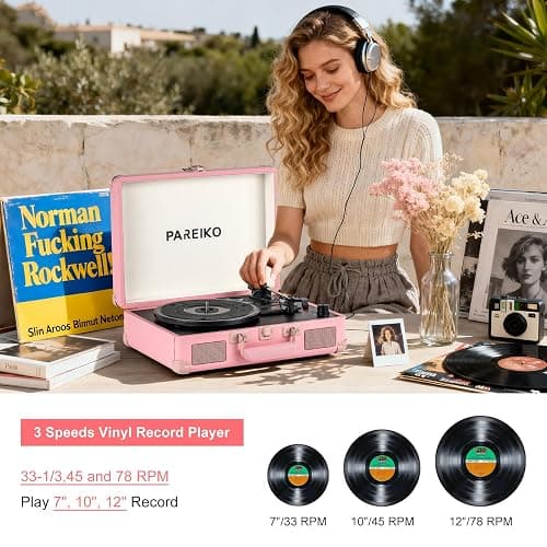 Portable Record Player with Bluetooth Connectivity USB Playback and Recording 3 Speed Turntable Vintage Suitcase Design Built in Speakers Rechargeable Battery for Vinyl Lovers thumbnail 3