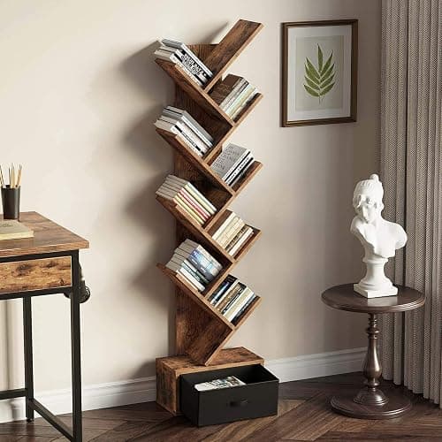 Rolanstar Tree Bookshelf with Drawer, 9 Shelf Bookshelf, Wooden Bookcase Storage Rack for CDs/Movies/Books, Corner Bookshelves, Utility Organizer Shelves for Living Room, Bedroom, Rustic Brown thumbnail 2