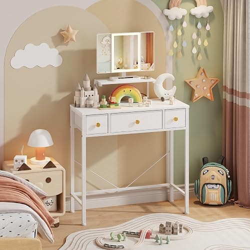 HIGDBFE Small Makeup Vanity Desk 27.5''W with Mirror and Lights, Vanity Desk with 3 Fabric Drawers and Height-Adjustable Stand, Vanity Table for Girls Gifts, Bedroom and Small Spaces, White thumbnail 7