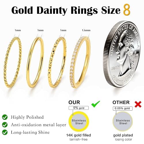 Dainty Stackable Gold Rings for Women Non Tarnish, Stacking 14K Gold Plated CZ Wedding Bands Ring Set, Waterproof Simple Trendy Minimalist Engagement Promise Thumb Pinky Thin Ring Size 5 6 7 8 9 10 11 thumbnail 3