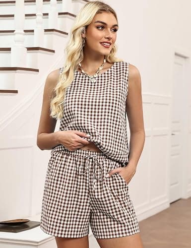 LOMON Women's Trendy 2 Piece Outfits Shorts Sets Summer Crew Neck Sleeveless Tank Top and Bottom Matching with Pockets 2026 thumbnail 3