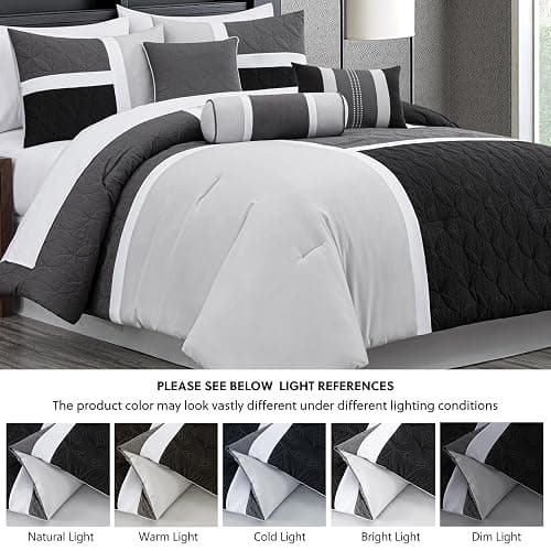Chezmoi Collection Upland 7-Piece Quilted Patchwork Comforter Set, Black/Gray/Light Gray, King thumbnail 5