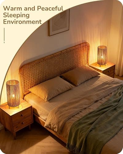 EDISHINE Boho Bedside Lamps Set of 2, Rattan Table Lamp for Living Room, Bedroom, LED Bulb Included, E27 Base, Vertical Stripes Lampshade thumbnail 3