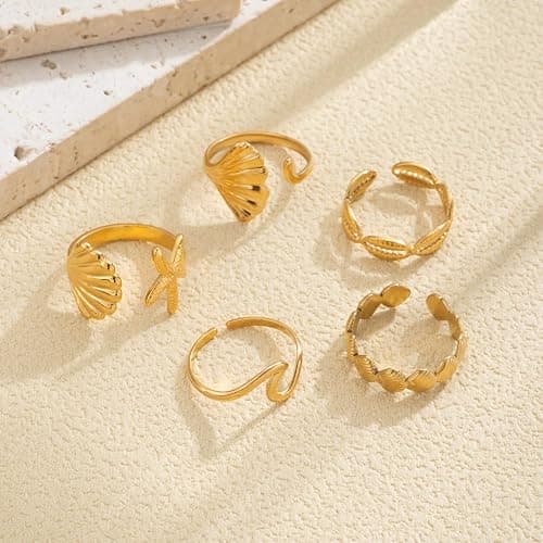 Yuoos 5PCS Gold Seashell Rings for Women Beach Surfer Starfish 18k Gold Dainty Seashell Wave Stacking Rings Summer Jewelry for Women Girl thumbnail 3