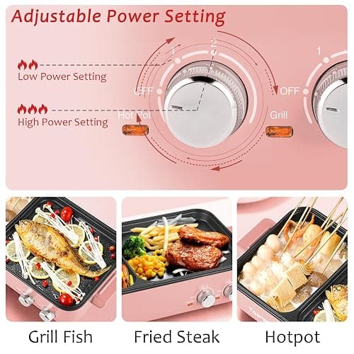 Topwit Hot Pot Electric with Grill, 2 in 1 Indoor Non-stick for Steaks, Shabu Shabu, Noodles, Simmer and Fry, Korean BBQ Grill, Independent Dual Temperature Control, Pink thumbnail 4
