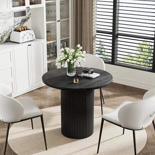 35.4" Round Wood Dining Table Fluted Kitchen Table Circle Dining Tables Modern Pedestal Tables Circular for 2-4 People, for Leisure, Coffee, Kitchen, Dining Room, φ35.4" x 29.9"H, Black - Image 1