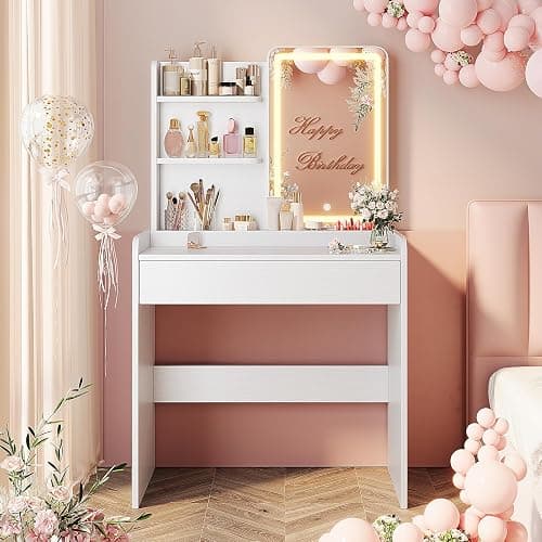 Memobarco Small Vanity Desk with Mirror and Lights, Makeup Vanity with Drawer & Storage Shelves, Vanity Desk with 3 Lighting Modes & Adjustable Brightness, Dressing Table for Women Girls Bedroom,White thumbnail 8