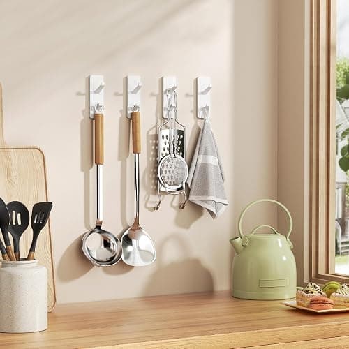 Self Adhesive Wall Hooks for Hanging: 13 LB Strong Hold, Sticky Hangers for Coat, Towels, Purse, Keys, Jacket, Bag - for Wall, Door, Bathroom, Shower, Kitchen - Stainless Metal, White, 4 Pack thumbnail 6