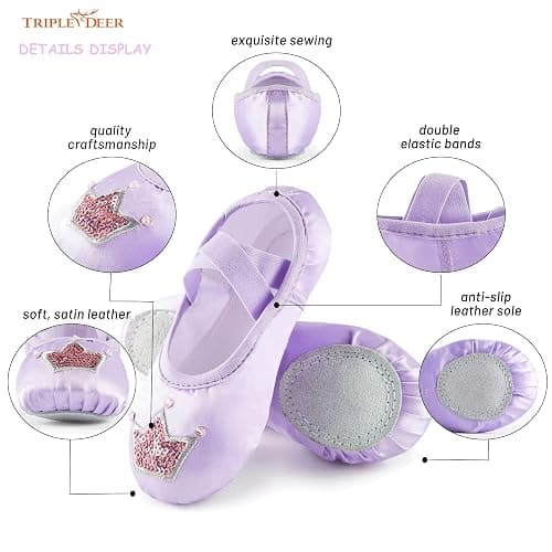 TRIPLE DEER Ballet Shoes for Girls, Satin Dance Practice Slippers Split Soft Leather Flat Sole Yoga Gymnastics Shoes (Toddler/Little/Big Kid) thumbnail 2