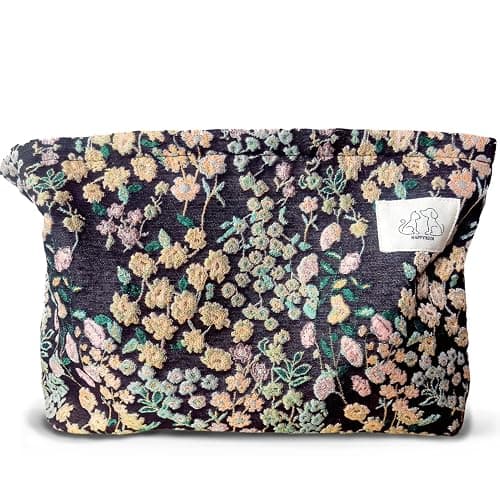 Travel Makeup Bag Accessory Zipper Pouch for Cosmetics, Purse Organizer, Embroidery Lucky Flowers Black - Image 1